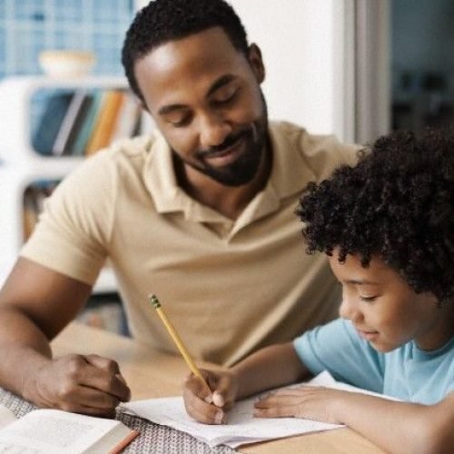 Father helping son (7-9) with homework --- Image by © Tim Pannell/Corbis